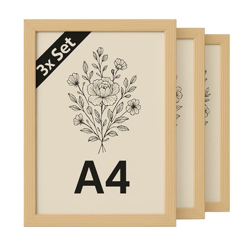 Bilderrahmen A4 (21x29,7 cm) 3er-Set aus Echtholz – Naturholz mit feiner Holzmaserung – Stilvoller Bilderrahmen A4 Holz für Fotos, Poster, Urkunden und Moderne Wanddeko für Hause von INNOVAHOME FURNITURE BY W