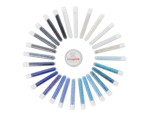 INNSPIRO Rocailles-Kit aus Glas, rund, blau, weiß und schwarz, 2,3 mm, 27 Stück, Mini-Röhrchen und 10 m elastischer Faden, zur Herstellung eigener Schmuckkreationen mit Perlen von INNSPIRO