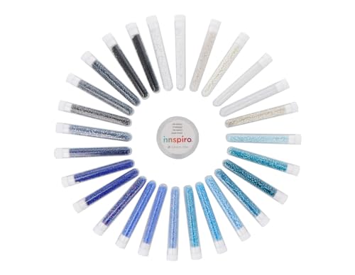 INNSPIRO Rocailles-Kit aus Glas, rund, blau, weiß und schwarz, Größe 3,8 mm, 27 Stück, Mini-Röhrchen und 10 m elastischer Faden, zur Herstellung eigener Schmuckkreationen mit Perlen von INNSPIRO