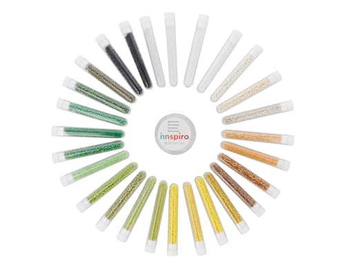 INNSPIRO Rocailles-Set aus rundem Glas, Grün, Gelb, Weiß und Schwarz, 2,3 mm, 27 Stück, Mini-Röhrchen und 10 m elastischer Faden, zur Herstellung eigener Schmuckkreationen mit Perlen von INNSPIRO