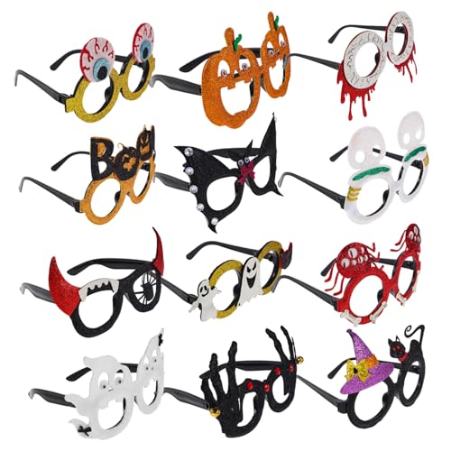 INOOMP 12 Stück Teiliges Halloween Partybrillen Glitzer Spukbrillen mit Kürbis Totenkopf Geist Augapfel Motiven für Erwachsene Lustige Kostümbrillen für Halloween Cosplay und von INOOMP