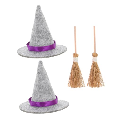 INOOMP 2 Sätze Halloween Miniatur Hexenhut und Besen Teiliges DIY Partydeko Zubehör Handgefertigte Mini Haus Accessoires Kreative Halloween Grusel Deko für Mikro Landschaften von INOOMP