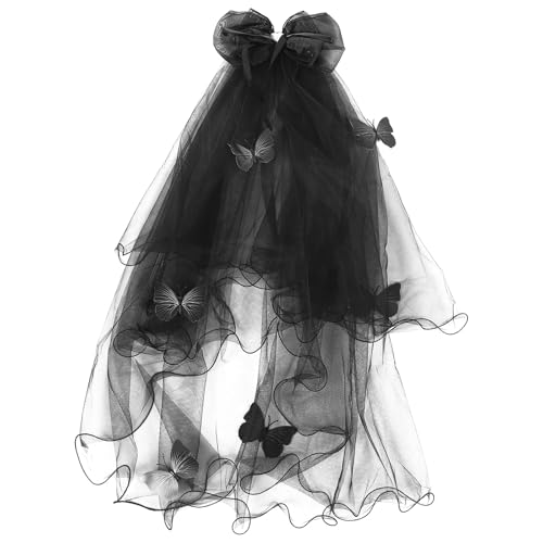 INOOMP Schwarzer Spitzenschleier Hochzeit Kathedrale Hochzeit Braut Halloween Gothic Kostüm Schleier Tag der Toten Geist Braut Cosplay Kostüm von INOOMP