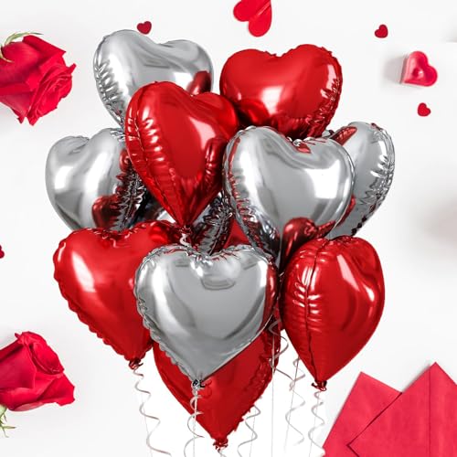 Herz Folienballon Valentinstag, 20 Stück Herzförmige Luftballons in Rot-Silber-Set, Herzluftballons,Herzform Folienluftballon,folienballon herz für Geburtstag Hochzeit Valentinstag Party von INQUIRLLY