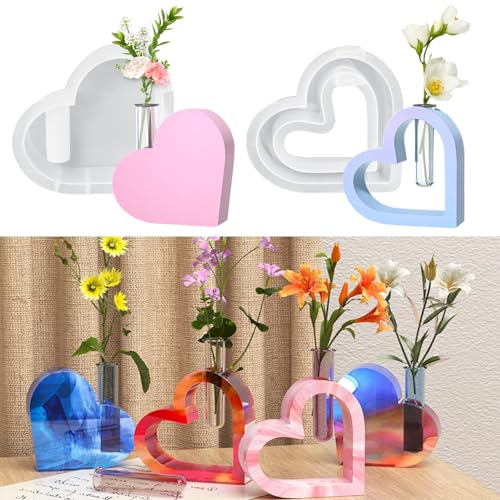 Silikonform Herz Vase, 2 Stück Silikonformen Gießformen Frühling, Gießformen Silikon Herz Blumenvase Epoxidharz Formen mit 2 Acryl Reagenzgläsern, Vase Gießformen für Vasen, DIY Handwerk von INQUIRLLY