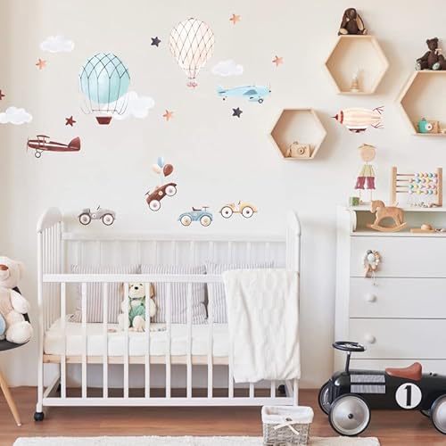 INSPIO Wandtattoo Auto Flugzeug Heißluftballons Kinderzimmer Junge Wandsticker Car Kinder Wandaufkleber Retro Babyzimmer Pastell Fahrzeuge, Braun, Beige, Blau von INSPIO