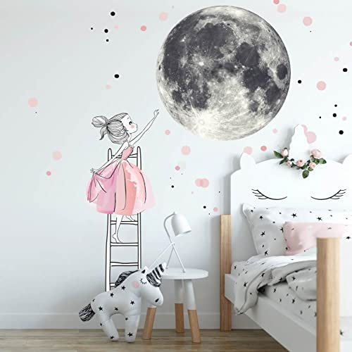 INSPIO Wandtattoo Mond und Mädchen auf Leiter Wandaufkleber Prinzessin Wandsticker rosa Fee Kinderzimmer pink Deko Mädchenzimmer von INSPIO