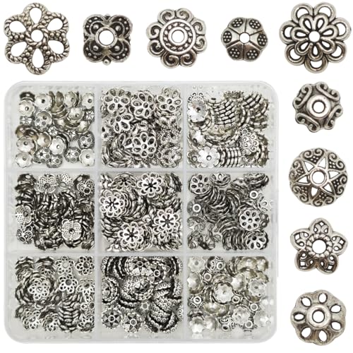 INSPIRELLE 450 Stück Antik-Silber-Perlenkappen, Metalllegierung, filigrane Blumenform, Perlen für Armbänder, Halsketten, Ohrringe, Schmuckherstellung von INSPIRELLE