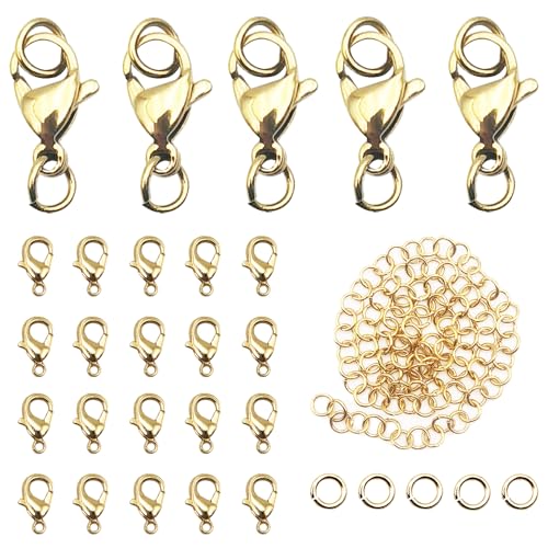 Vakuumbeschichtung 50 Stück Karabinerverschlüsse INSPIRELLE 12 mm lang anhaltende vergoldete Edelstahl-Endverschlüsse und 100 Biegeringe für die Schmuckherstellung von INSPIRELLE
