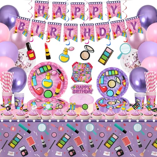 176 Pcs Makeup Geburtstag Party Supplies Spa Geburtstag Party Dekoration Makeup Party Geschirr Papier Geschirr Makeup Thema Begünstigungen für Mädchen für Spa Geburtstag Party Baby Dusche für 20 Gäste von INSPIREYEE