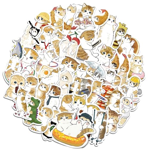 Niedliche Katzen-Aufkleber, 64 Stück, gelbe Katzen-Aufkleber für Kinder, Cartoon-Tier-Aufkleber, wasserfeste Vinyl-Aufkleber für Teenager, Mädchen, Laptop, Skateboard, Gitarre von INSPUTOL