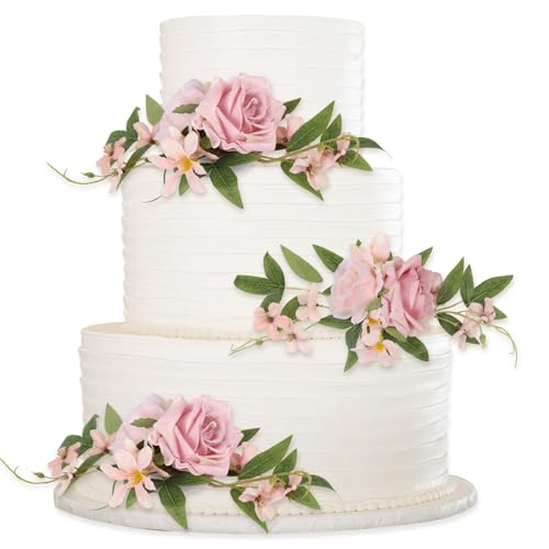 INSUNSIX 3 x Hochzeitstortenaufsätze, rosa Kuchenblumen, florale Kuchendekorationen für Hochzeit, Jahrestag, Geburtstag, Party, Festival, Feier, Heimdekoration (Rosa) von INSUNSIX