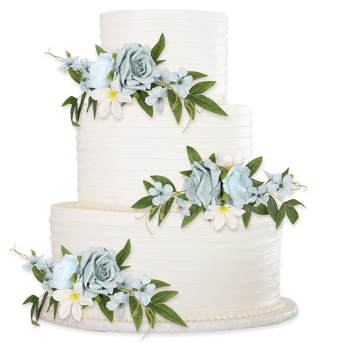 INSUNSIX Hochzeitstortenaufsätze, blaue künstliche Blumen, Blumen-Kuchendekorationsset für Hochzeit, Jahrestag, Geburtstag, Party, Festival, Feier, Heimdekoration (hellblau), 3 Stück von INSUNSIX