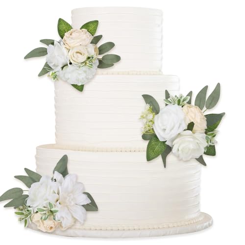 INSUNSIX Weiße Kuchenblumen, 3 Stück, Hochzeitstortenaufsätze, florale Kuchendekorationen für Hochzeit, Jahrestag, Geburtstag, Party, Festival, Feier, Heimdekoration (weiß-grün) von INSUNSIX