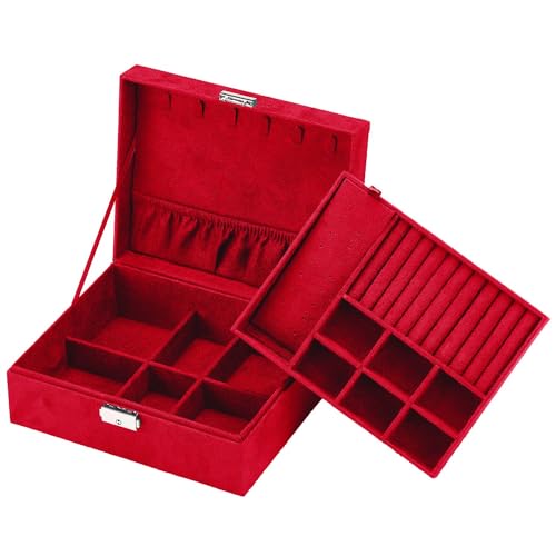 INTIRILIFE Schmuckschatulle mit 2 Ebenen in Rot - 24.5 x 20.5 x 10.5 cm - Abschließbare Schmuck Box Koffer Organizer zum Aufbewahren von Ringen Ketten Uhren Ohrringen und Armbändern von INTIRILIFE
