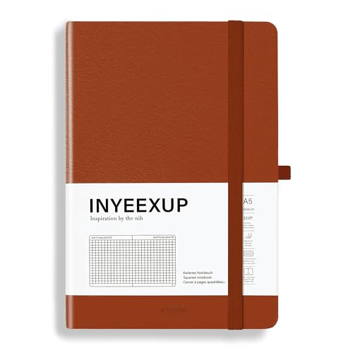 INYEEXUP Notizbuch A5 Kariert, Journal Buch mit 320 Seiten, Notizheft a5 mit Premium 100gsm Tintenfestes Papie Dickes, PU HardCover Notizbücher mit Elastischem Verschlussband und Falttasche (Braun) von INYEEXUP