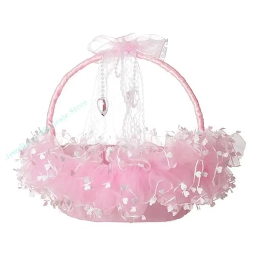 Blumenmädchenkorb mit Henkel, kleine Satinstoffkörbe mit Spitze, klares Herzdekor, Weiß/Rosa for die Hochzeitszeremonie(Pink) von IOEUIWP