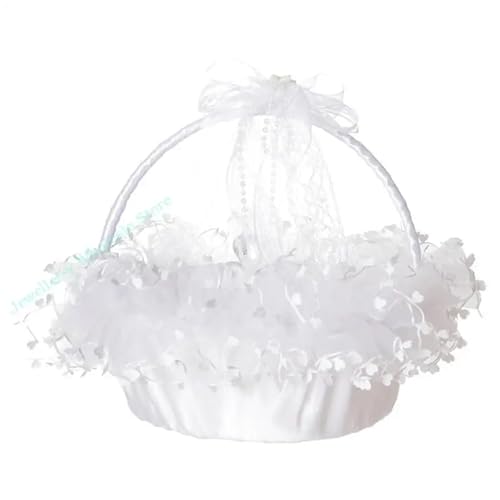 Blumenmädchenkorb mit Henkel, kleine Satinstoffkörbe mit Spitze, klares Herzdekor, Weiß/Rosa for die Hochzeitszeremonie(White) von IOEUIWP