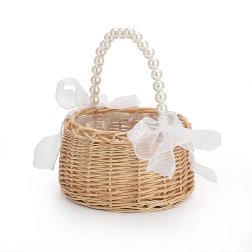 Ein Korb aus geflochtenem Rattan for Blumenkinder mit Perlengriff und Schleife, handgewebter Korb, Weidenkorb for Hochzeiten (braun) von IOEUIWP
