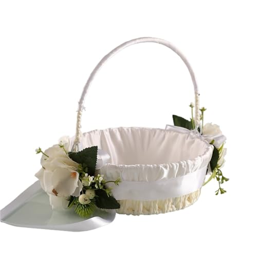 Eleganter Blumenmädchenkorb im Landhausstil for Hochzeiten, dekoriert mit grünen Blättern und Schleifen, geeignet for Zeremonien und Fotografie(White) von IOEUIWP