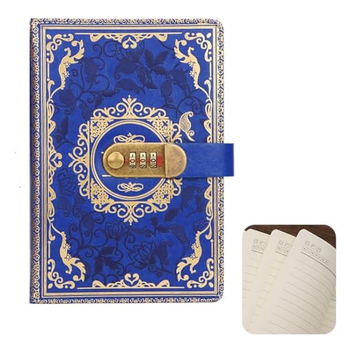 IOEUIWP A5 200 Seiten Retro Passwort Buch Mit Schloss Tagebuch Verdickt Kreative Hand Ledger Student Notizblock Schreibwaren Notebook(Blue) von IOEUIWP
