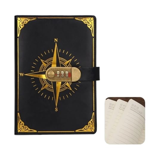 IOEUIWP A5 Retro Passwort Buch Mit Schloss Tagebuch Notebook Kreative Reisenden Kompass Hand Ledger Student Notizblock Schreibwaren Heimlich Hinweis(Black) von IOEUIWP