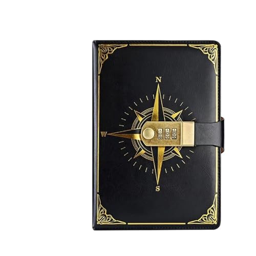 IOEUIWP Retro Passwort Buch A5 Mit Schloss Tagebuch Notebook Kreative Reisenden Kompass Hand Ledger Student Notizblock Schreibwaren Heimlich Hinweis(Black) von IOEUIWP