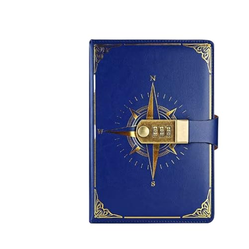 IOEUIWP Retro Passwort Buch A5 Mit Schloss Tagebuch Notebook Kreative Reisenden Kompass Hand Ledger Student Notizblock Schreibwaren Heimlich Hinweis(Blue) von IOEUIWP