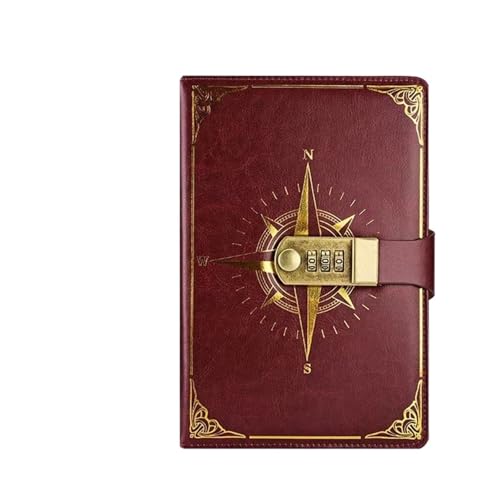 IOEUIWP Retro Passwort Buch A5 Mit Schloss Tagebuch Notebook Kreative Reisenden Kompass Hand Ledger Student Notizblock Schreibwaren Heimlich Hinweis(Red) von IOEUIWP