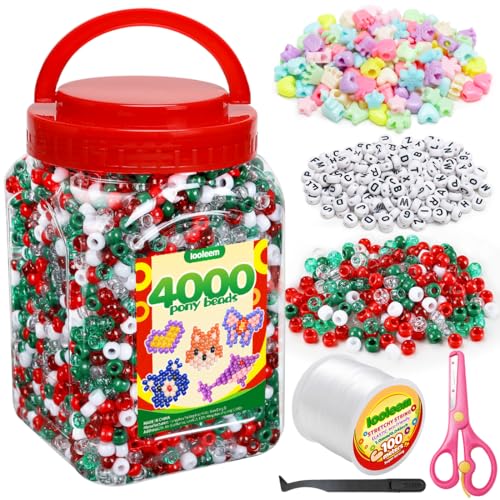 IOOLEEM Feste und glitzernde Weihnachts-Pony-Perlen – 4000-teiliges Set für Freundschaftsarmbänder und Schmuckherstellung, einfache Lagerung von IOOLEEM
