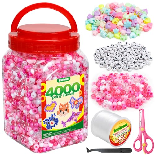 IOOLEEM Pony-Perlen, solide und glitzernde Perlen, 4000-teiliges Set für Freundschaftsarmbänder und Schmuckherstellung, einfache Lagerung, Rosa von IOOLEEM