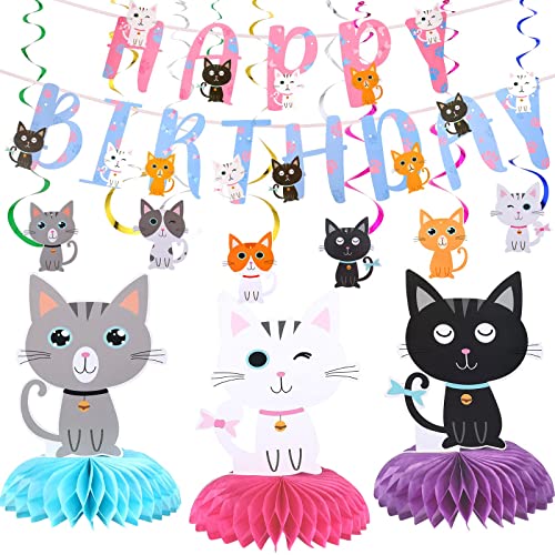 IOSPKKIO® 16-Teiliges Geburtstagsparty-Dekorationsset mit Katzenmotiven, mit Banner, Hängenden Ausschnitten, Wirbeldekor und Waben,für Kinder – Niedliches Partyzubehör von IOSPKKIO
