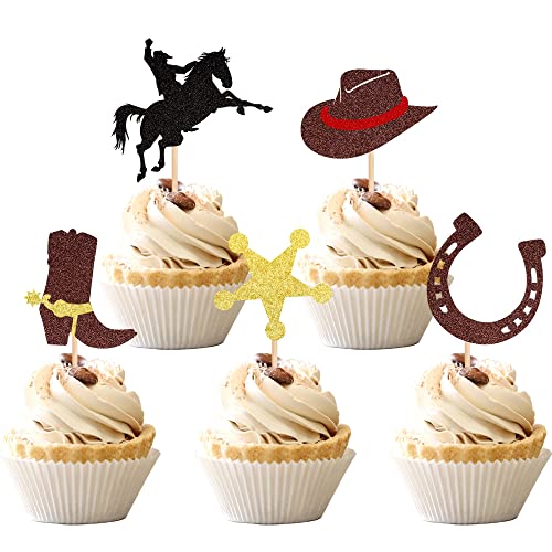 IOSPKKIO® 30 Stück Cupcake-Topper, Cowboy-Thema mit Glitzernden Hufeisenhüten, Stiefeln, Muster für Babypartys/Freunde, Geburtstagsfeier, Kuchendekorationen, Cooler Stil von IOSPKKIO