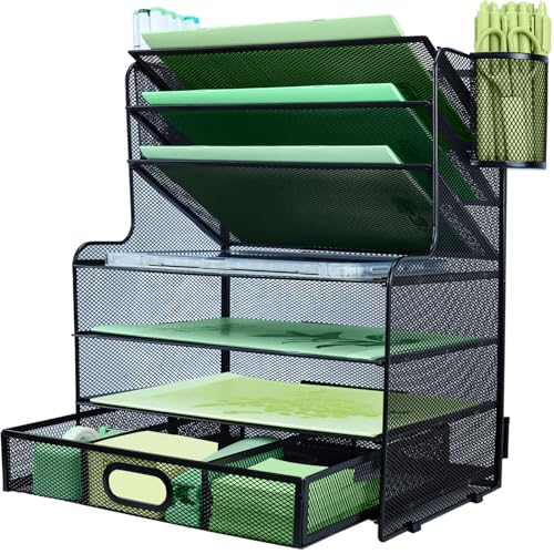 IOUGDSEC Schreibtisch-Organizer mit 7 Ebenen, Briefablage, Papier-Organizer mit Stifthalter und Metall-Hängekorb, Schwarz von IOUGDSEC
