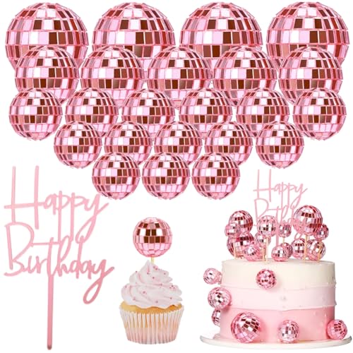 24 Stück Discokugel-Kuchenaufsätze, "Happy Birthday"-Kuchenaufsatz, 1970er-Jahre-Retro-Disco-Thema-Kuchendekorationen, glänzend, Rosa, Mini-Discokugel für 70er-/80er-Jahre-Motto-Party-Zubehör von IPAIDUI