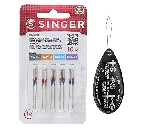 Singer Universal 2020 Nähmaschinennadeln, 10 Stück, verschiedene Größen 70/10, 80/12, 90/14 & 100/16, inklusive großem Nadeleinfädler von IPC Sewing Parts