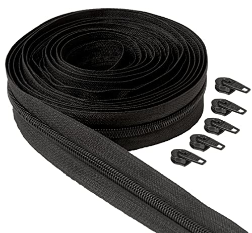 IPEA Endlos Reißverschluss Schwarz 5 Meter + 15 Schieber aus Metall – Kette Größe #5 – Made in Italy – Durchgehender Reißverschlüsse mit Zipper aus Nylon – Zuschneidbar für Meterware – Breite 30 mm von IPEA