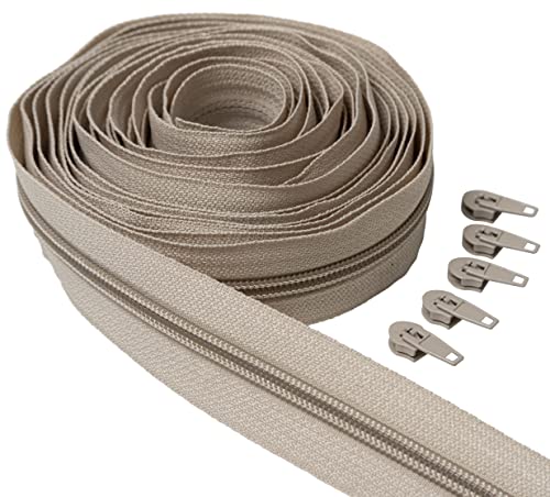 IPEA Endlos Reißverschluss Beige 5 Meter + 15 Schieber aus Metall – Kette Größe #5 – Made in Italy – Durchgehender Reißverschlüsse mit Zipper aus Nylo, BSC5M5-03 von IPEA