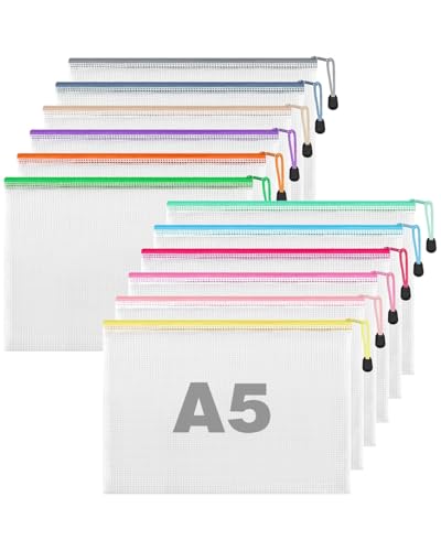 IPNSDON Kunststoffhüllen A5, A5, mit Reißverschluss, wasserdicht, Netzstoff, Dokumententaschen für Schule, Bürobedarf, Aufbewahrung zu Hause (12 Farben) von IPNSDON