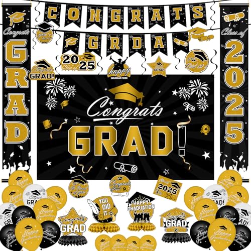 Graduation Ddecorations 2025 Set – Gold Themed Congrats Grad Banner, Hintergrund, hängende Wirbel, Veranda-Schild, Luftballons – komplettes Partyzubehör für High School, College Graduation Graduation Ddecorations 2025 Set – Gold Themed Congrats Grad Banner, Hintergrund, hängende Wirbel, Veranda-Schild, Luftballons – komplettes Partyzubehör für High School, College Graduation von IPOOLTENG