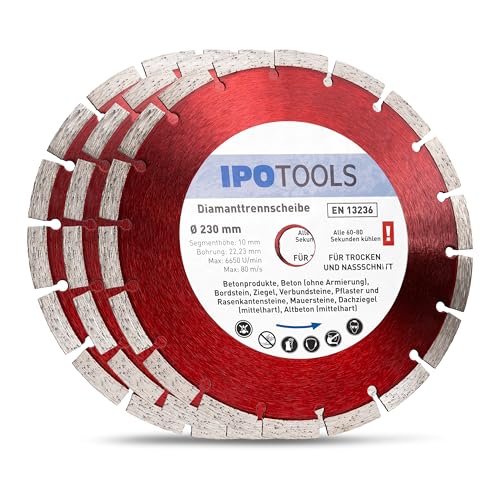 IPOTOOLS 3x Diamanttrennscheibe 230 Diamantscheibe Trennscheibe Trocken und Nassschnitt für Beton, Ziegel, Naturstein, Stein, 10mm Segment, Bohrung 22,23 mm IPOTOOLS 3x Diamanttrennscheibe 230 Diamantscheibe Trennscheibe Trocken und Nassschnitt für Beton, Ziegel, Naturstein, Stein, 10mm Segment, Bohrung 22,23 mm von IPOTOOLS