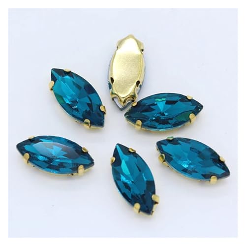 Hotfix Strasssteine Aufnäher Pferdeauge Navette Strass Gold Krallen Marquise Formen for Handarbeiten Schmuck Hochzeitskleid Taschen Borten(Capri blue,13x27mm 9pcs) von IRGVJIFR
