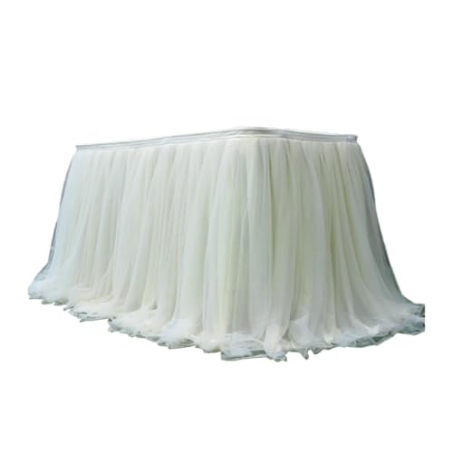 IRGVJIFR Tischrock 100 x75cm Flauschigen Garn Tisch Rock Net Gaze Plissee Tisch Rock Feier Party Decor Mesh Gaze Tisch Dekoration(Milky White,200x75cm) von IRGVJIFR