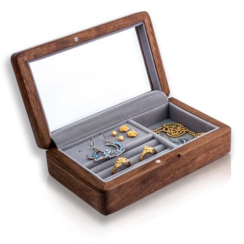 IRIVER BALNK HOCHWERTIGE SCHMUCKSCHATULLE AUS WALNUSS-HOLZ: Handgefertigte Reise-Schmuckbox für Ringe, Ohrringe und Kleinigkeiten. Mit Samtfutter – Das ideale Geschenk für Hochzeit, Weihnachten von IRIVER BLANK