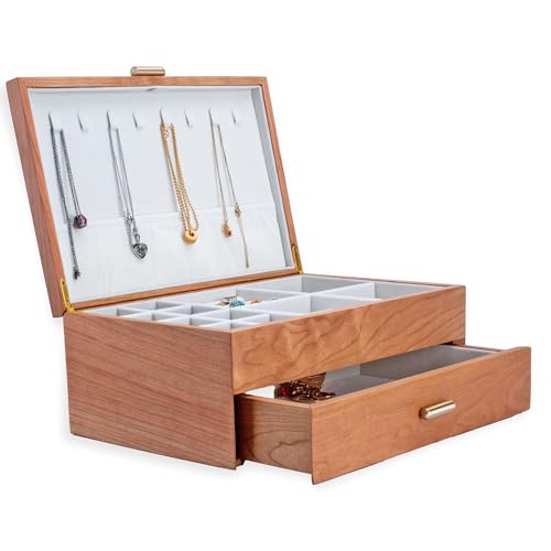 IRIVER BLANK Kirschholz-Schmuckschatulle-Organizer für Frauen, Rustikales Holz mit Ringuhrfach für Halskette Ohrringe Armbänder Ringe, Vintage-Stil (Doppel Schicht) von IRIVER BLANK