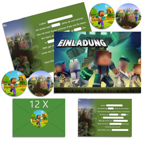 IRONIUM 12x Pixe Einladungskarten Kindergeburtstag Junge mit Umschlag Deutsch, Geburtstagseinladungen Jungen, Cartoon Geburtstag Einladungskarten Set für Themed Party (A6) (A) von IRONIUM