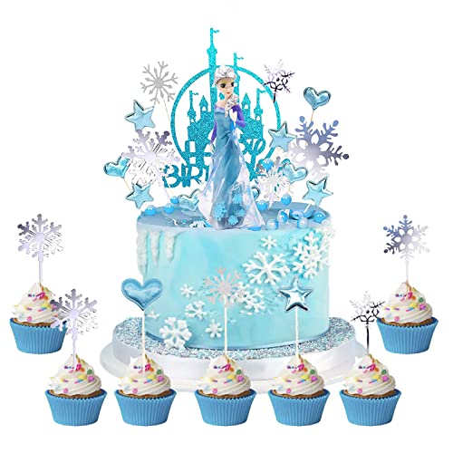 IRONIUM 26 Stück El-sa Tortendeko mit Figur, Eiskön-gin Kuchen Deko, Geburtstagsparty Deko, Cake Topper Geburtstag, Happy Birthday Topper, Cupcake Topper für Mädchen Geburtstagsdeko von IRONIUM