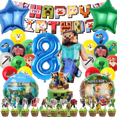 IRONIUM 48 Stück Pixe Geburtstagsdeko 8 Jahre Junge, Videospiel Luftballons Geburtstag Party Set, Party Deko Ballon Set für Kinder (8) von IRONIUM