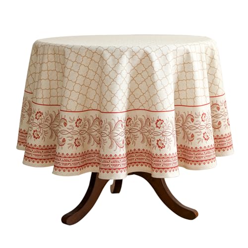 ISAENNE Französische Tischdecke für runde Tische, florale Leinen-Tischdecke mit Flachs und roten Untertönen, schwere, langlebige Tischdecke für Esszimmer, Erntedankfest, Küche, Dekoration, Party von ISAENNE