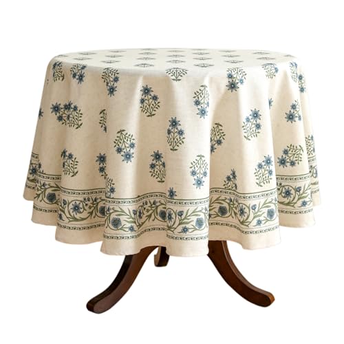 ISAENNE Tischdecke mit Blumenmuster für runde Tische aus Leinen mit blauen Blumen und grünen Blättern, robust und langlebig für Esszimmer, Küche, Party, Weihnachten, Durchmesser 170,2 cm ISAENNE Tischdecke mit Blumenmuster für runde Tische aus Leinen mit blauen Blumen und grünen Blättern, robust und langlebig für Esszimmer, Küche, Party, Weihnachten, Durchmesser 170,2 cm von ISAENNE